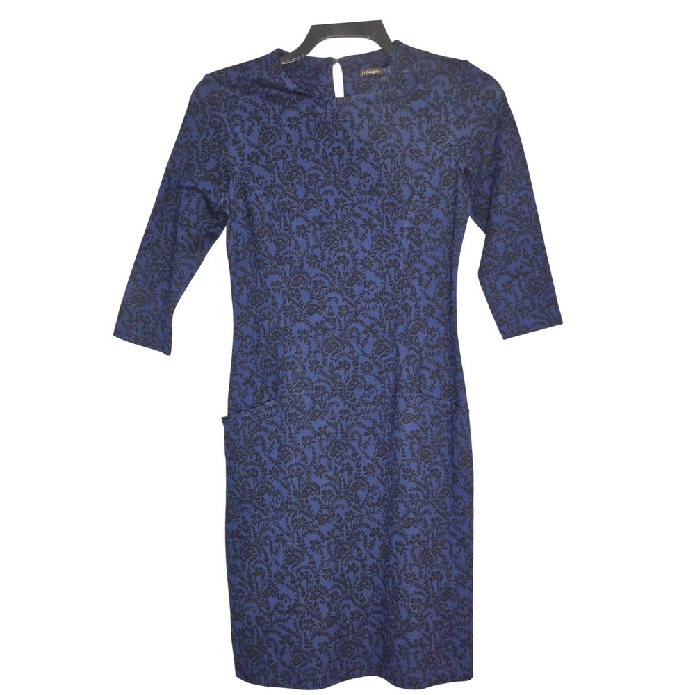 J. Mclaughlin Womens Blue Black Floral Damask Sheath Dress 3/4 Sleeve